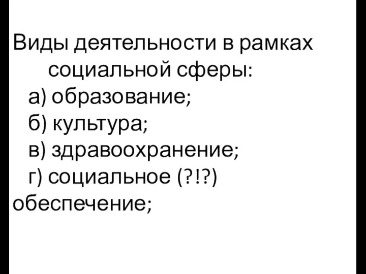 Виды деятельности в рамках социальной сферы: а) образование; б) культура; в) здравоохранение; г) социальное (?!?) обеспечение;