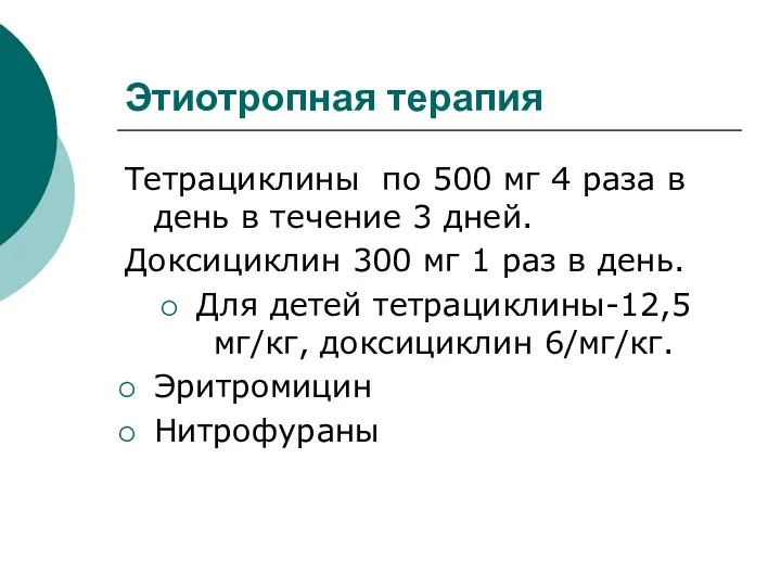 Этиотропная терапия Тетрациклины по 500 мг 4 раза в день