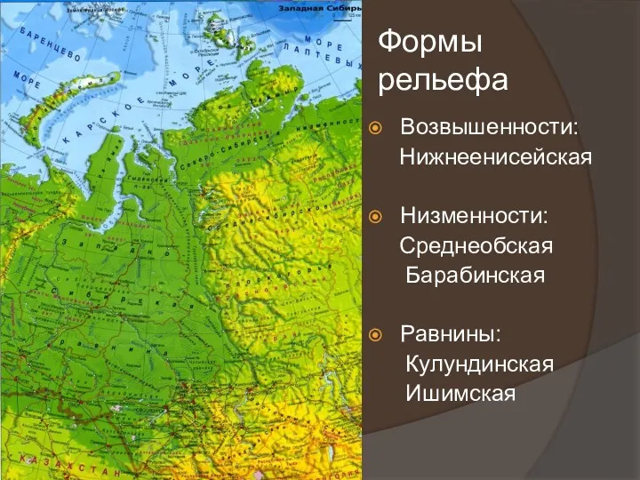 Формы рельефа Возвышенности: Нижнеенисейская Низменности: Среднеобская Барабинская Равнины: Кулундинская Ишимская