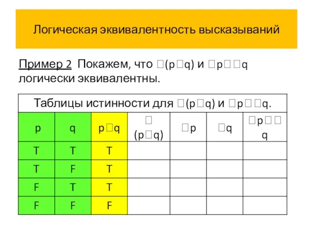 Логическая эквивалентность высказываний Пример 2 Покажем, что (pq) и pq логически эквивалентны.