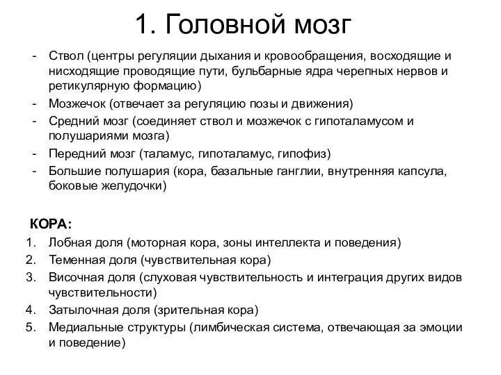 1. Головной мозг Ствол (центры регуляции дыхания и кровообращения, восходящие