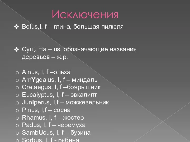 Исключения Bolus,I, f – глина, большая пилюля Сущ. На –