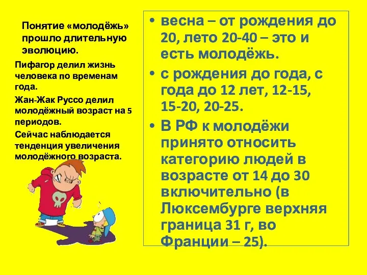 Понятие «молодёжь» прошло длительную эволюцию. весна – от рождения до