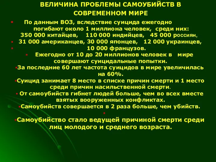 ВЕЛИЧИНА ПРОБЛЕМЫ САМОУБИЙСТВ В СОВРЕМЕННОМ МИРЕ По данным ВОЗ, вследствие