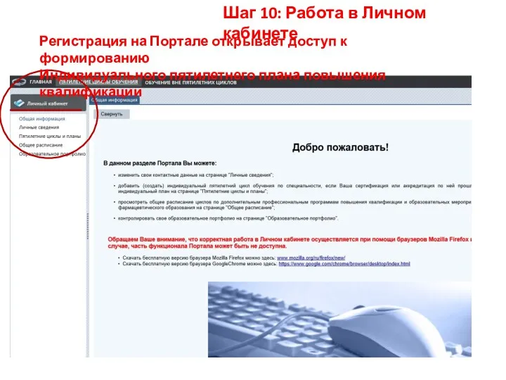 Шаг 10: Работа в Личном кабинете Регистрация на Портале открывает