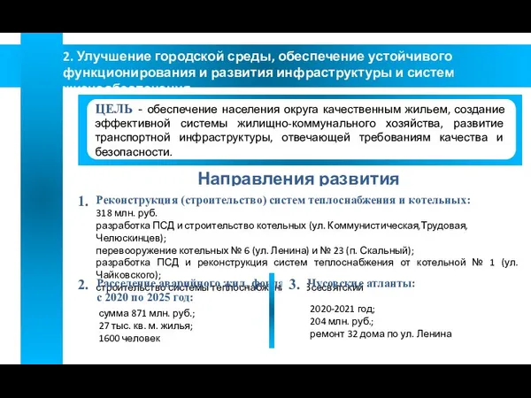 2. Улучшение городской среды, обеспечение устойчивого функционирования и развития инфраструктуры