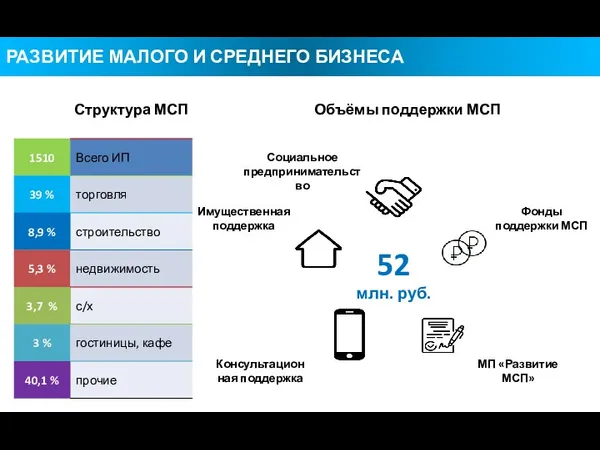 Структура МСП Объёмы поддержки МСП Консультационная поддержка Фонды поддержки МСП