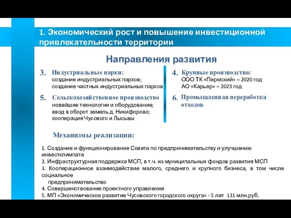 1. Экономический рост и повышение инвестиционной привлекательности территории Направления развития