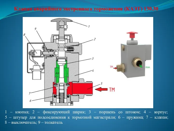 Клапан аварийного экстренного торможения (КАЭТ) 130.30 1 – кнопка; 2