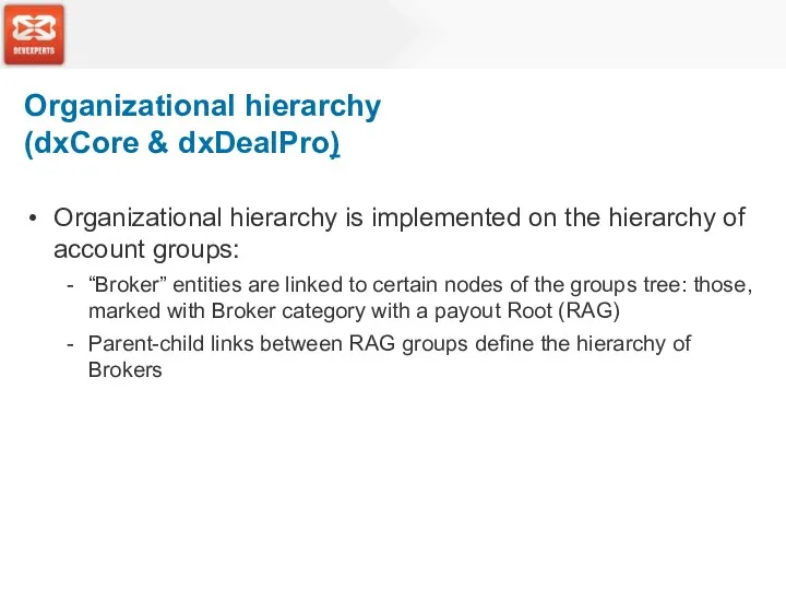Organizational hierarchy (dxCore & dxDealPro) Organizational hierarchy is implemented on the hierarchy of