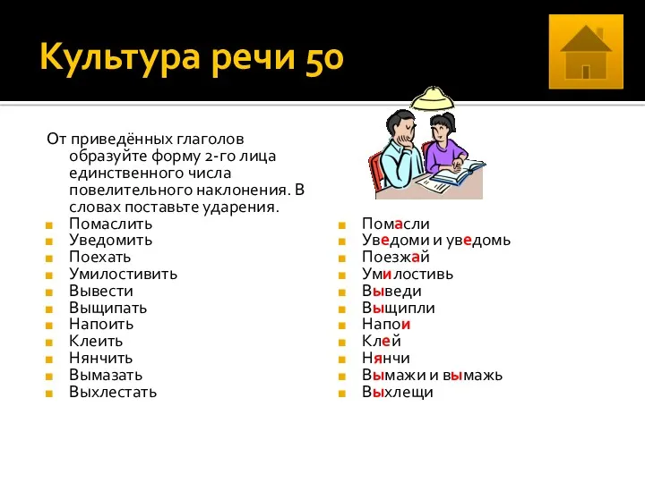 Культура речи 50 От приведённых глаголов образуйте форму 2-го лица