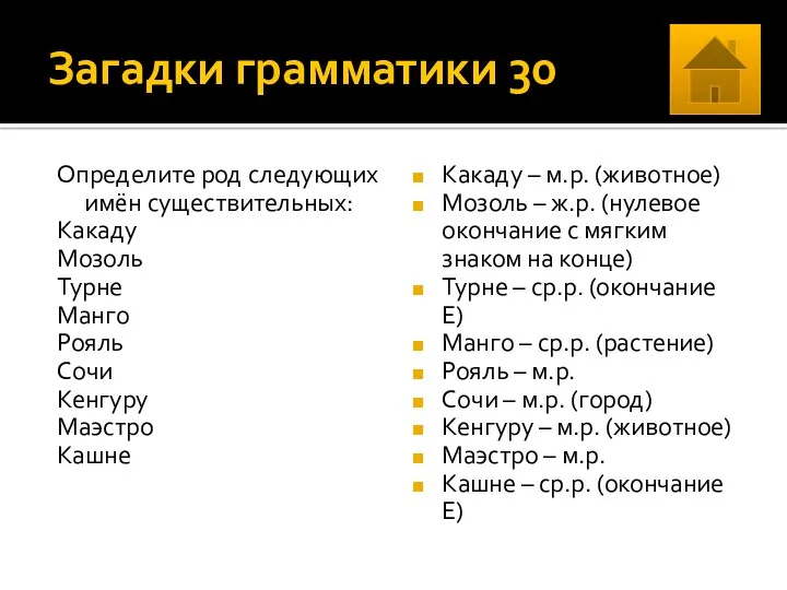 Загадки грамматики 30 Определите род следующих имён существительных: Какаду Мозоль