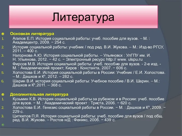 Литература Основная литература Агапов Е.П. История социальной работы: учеб. пособие для вузов. –