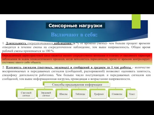 Сенсорные нагрузки Включают в себя: 1. Длительность сосредоточенного наблюдения (в