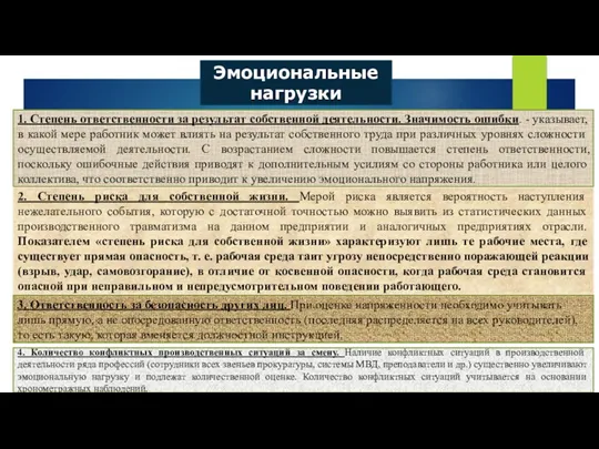 Эмоциональные нагрузки 1. Степень ответственности за результат собственной деятельности. Значимость