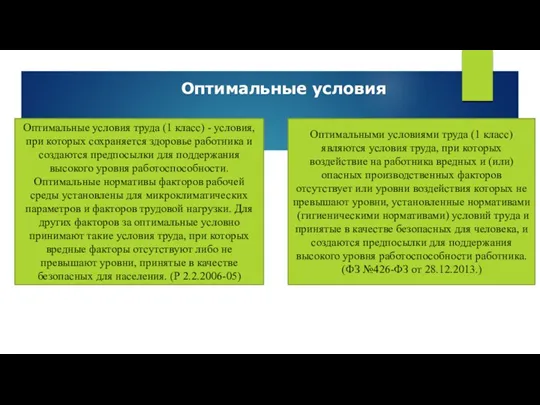 Оптимальные условия Оптимальные условия труда (1 класс) - условия, при