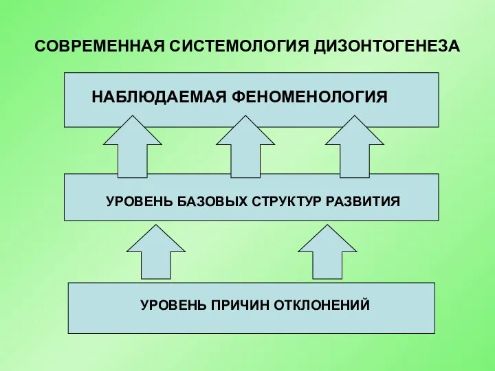 СОВРЕМЕННАЯ СИСТЕМОЛОГИЯ ДИЗОНТОГЕНЕЗА УРОВЕНЬ ПРИЧИН ОТКЛОНЕНИЙ НАБЛЮДАЕМАЯ ФЕНОМЕНОЛОГИЯ УРОВЕНЬ БАЗОВЫХ СТРУКТУР РАЗВИТИЯ