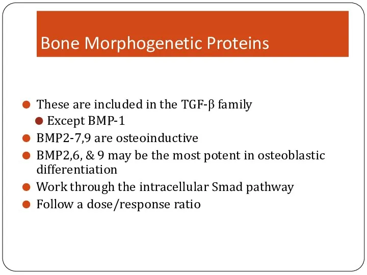 Bone Morphogenetic Proteins These are included in the TGF-β family Except BMP-1 BMP2-7,9