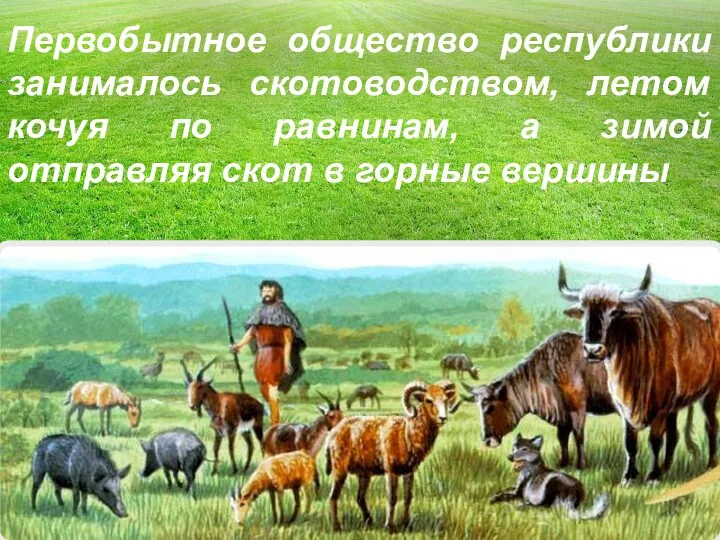 Первобытное общество республики занималось скотоводством, летом кочуя по равнинам, а зимой отправляя скот в горные вершины