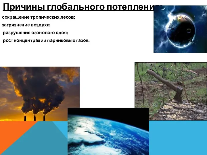 Причины глобального потепления: сокращение тропических лесов; загрязнение воздуха; разрушение озонового слоя; рост концентрации парниковых газов.