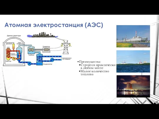 Атомная электростанция (АЭС) Преимущества: Строятся практически в любом месте Малое количество топлива