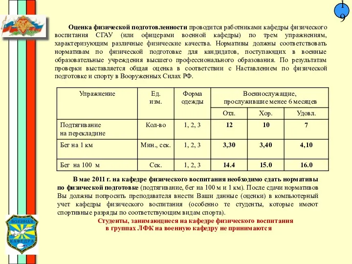 19 Оценка физической подготовленности проводится работниками кафедры физического воспитания СГАУ (или офицерами военной