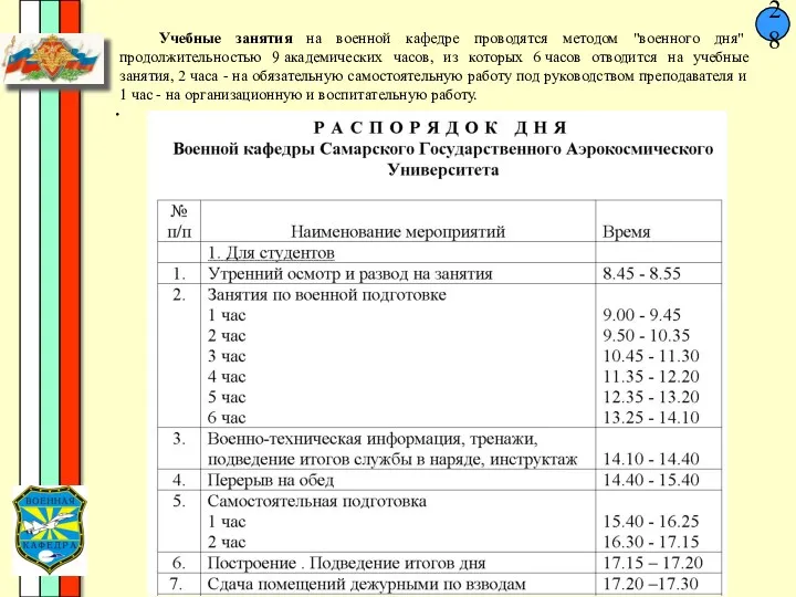 28 . Учебные занятия на военной кафедре проводятся методом "военного дня" продолжительностью 9