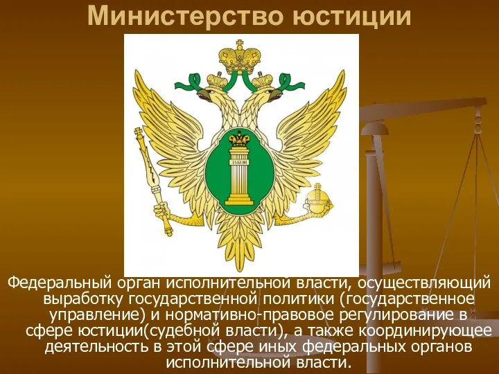 Министерство юстиции Федеральный орган исполнительной власти, осуществляющий выработку государственной политики