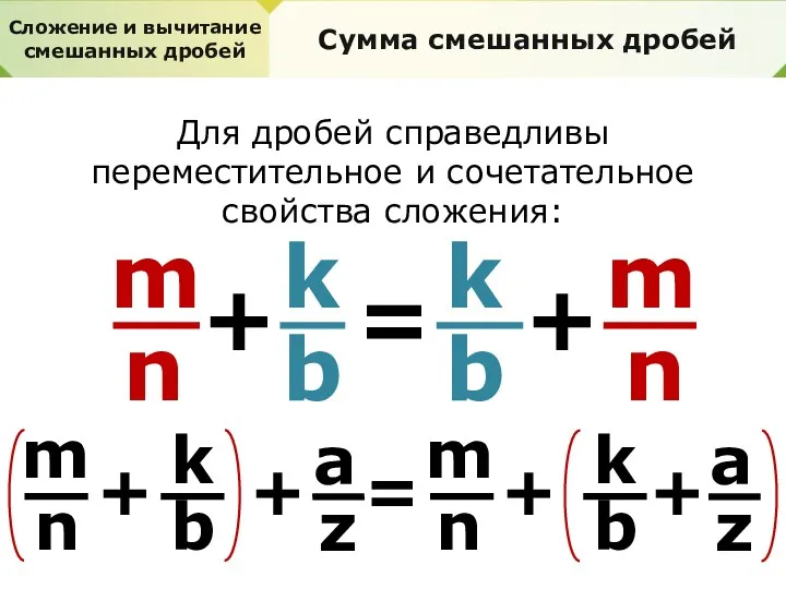 Сложение и вычитание смешанных дробей Сумма смешанных дробей Для дробей справедливы переместительное и