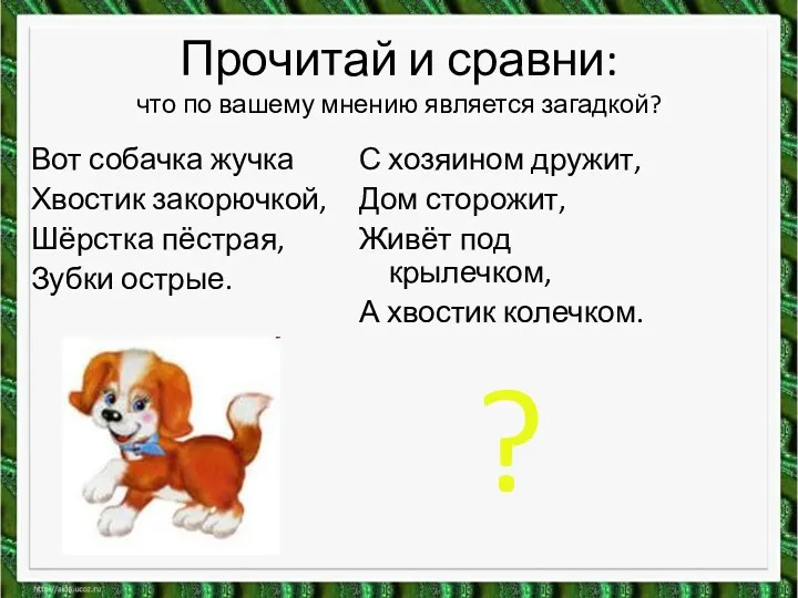 Прочитай и сравни: что по вашему мнению является загадкой? Вот собачка жучка Хвостик