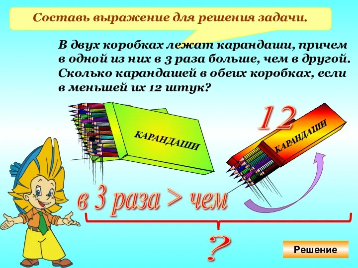 Составь выражение для решения задачи. В двух коробках лежат карандаши,