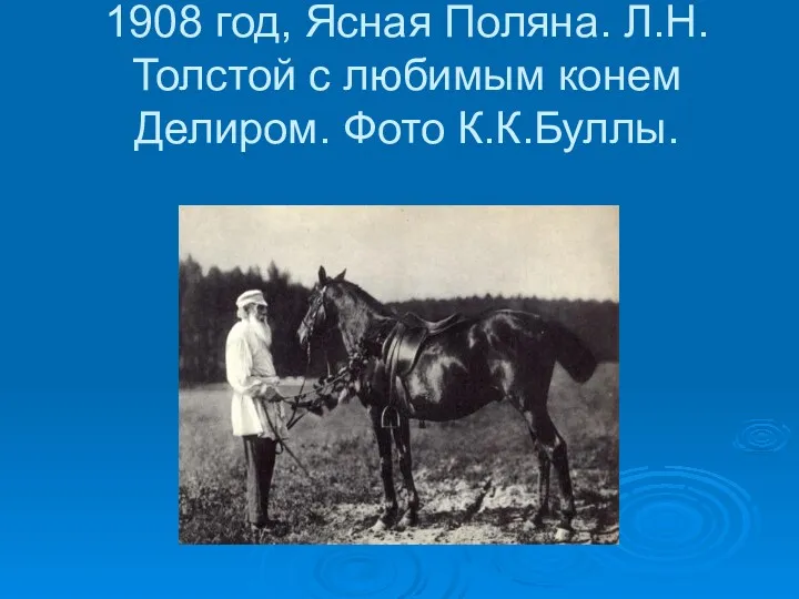 1908 год, Ясная Поляна. Л.Н.Толстой с любимым конем Делиром. Фото К.К.Буллы.