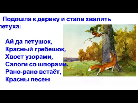 Подошла к дереву и стала хвалить петуха: Ай да петушок,