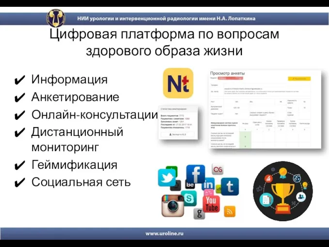 Цифровая платформа по вопросам здорового образа жизни Информация Анкетирование Онлайн-консультации Дистанционный мониторинг Геймификация Социальная сеть