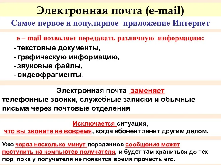 Электронная почта (e-mail) e – mail позволяет передавать различную информацию: