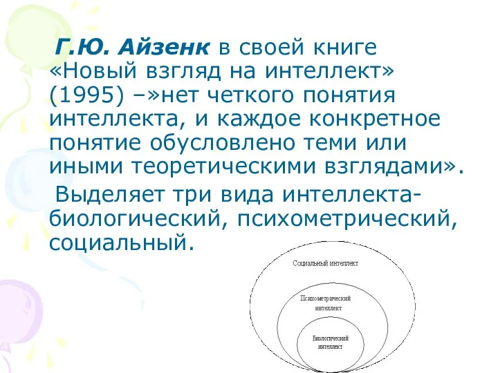 Г.Ю. Айзенк в своей книге «Новый взгляд на интеллект» (1995) –»нет четкого понятия