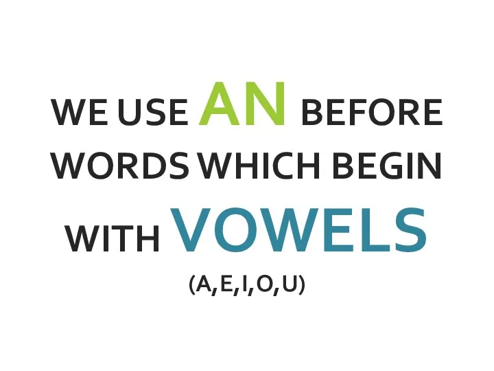 WE USE AN BEFORE WORDS WHICH BEGIN WITH VOWELS (A,E,I,O,U)