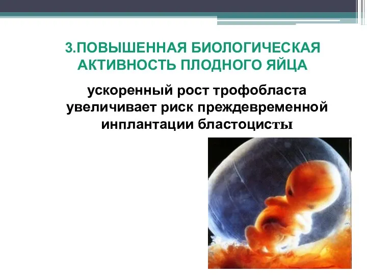 3.ПОВЫШЕННАЯ БИОЛОГИЧЕСКАЯ АКТИВНОСТЬ ПЛОДНОГО ЯЙЦА ускоренный рост трофобласта увеличивает риск преждевременной инплантации бластоцисты