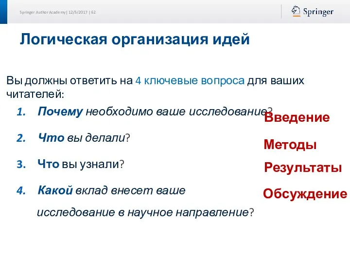 Логическая организация идей Почему необходимо ваше исследование? Что вы делали?