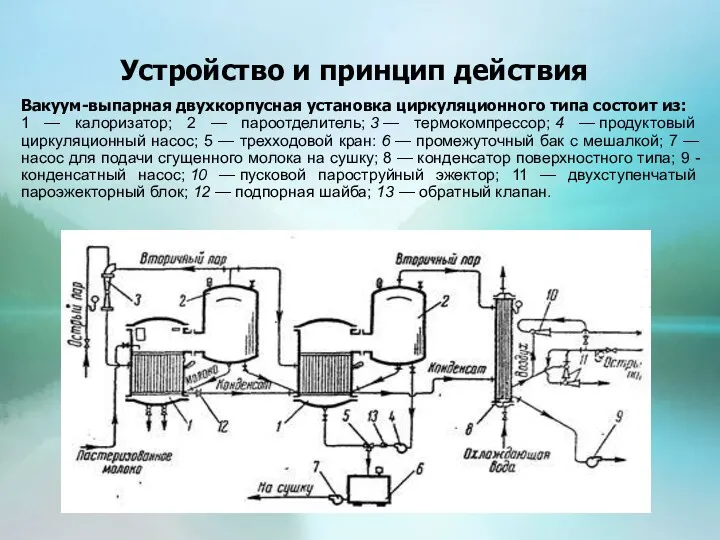 Устройство и принцип действия Вакуум-выпарная двухкорпусная установка циркуляционного типа состоит