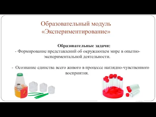 Образовательный модуль «Экспериментирование» Образовательные задачи: - Формирование представлений об окружающем