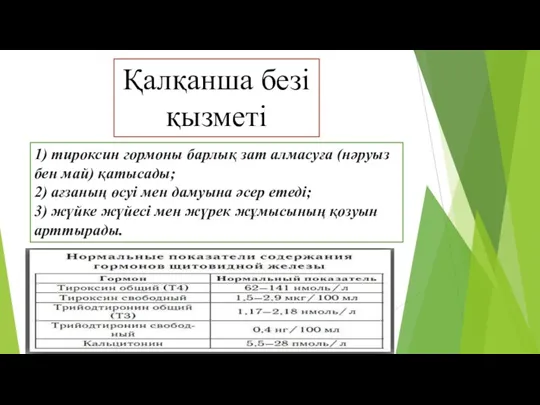 Қалқанша безі қызметі 1) тироксин гормоны барлық зат алмасуға (нәруыз бен май) қатысады;