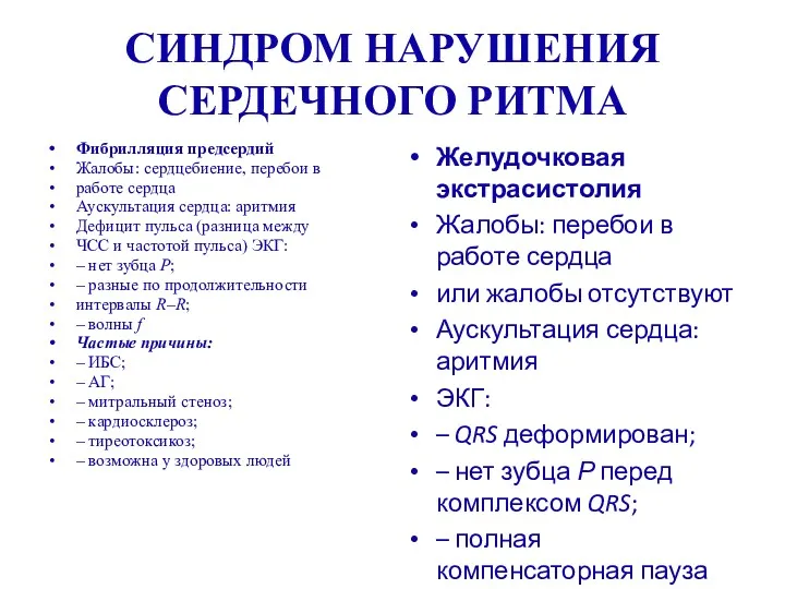 СИНДРОМ НАРУШЕНИЯ СЕРДЕЧНОГО РИТМА Фибрилляция предсердий Жалобы: сердцебиение, перебои в