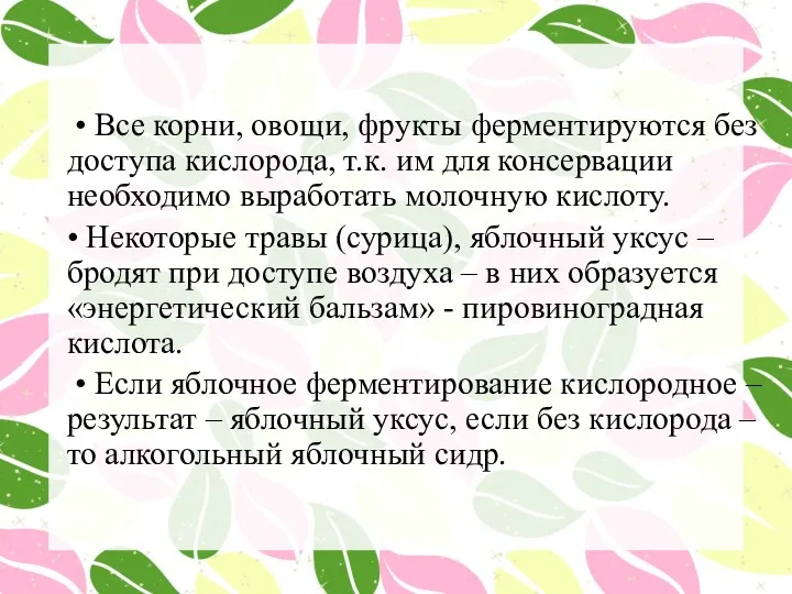 • Все корни, овощи, фрукты ферментируются без доступа кислорода, т.к. им для консервации