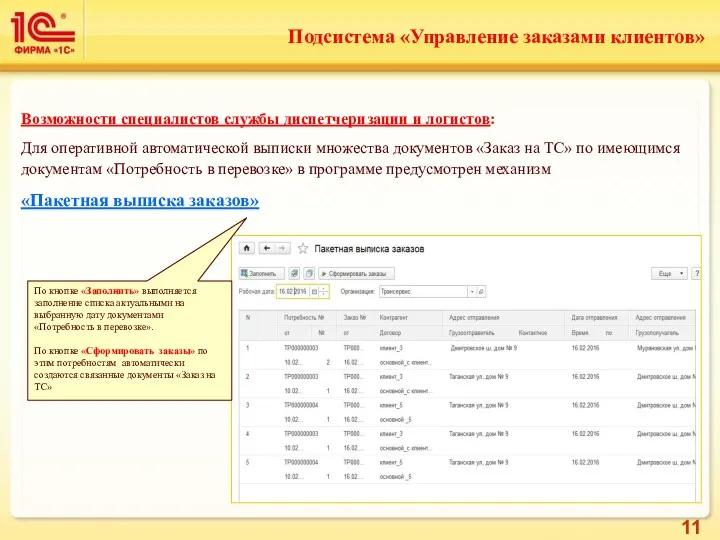 Возможности специалистов службы диспетчеризации и логистов: Для оперативной автоматической выписки