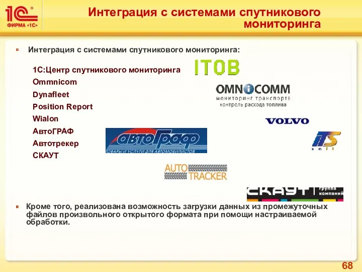 Интеграция с системами спутникового мониторинга: 1С:Центр спутникового мониторинга Ommnicom Dynafleet