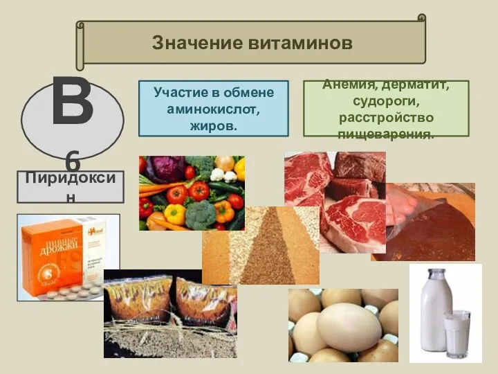 Значение витаминов Участие в обмене аминокислот, жиров. Анемия, дерматит, судороги, расстройство пищеварения. Пиридоксин B12 В6