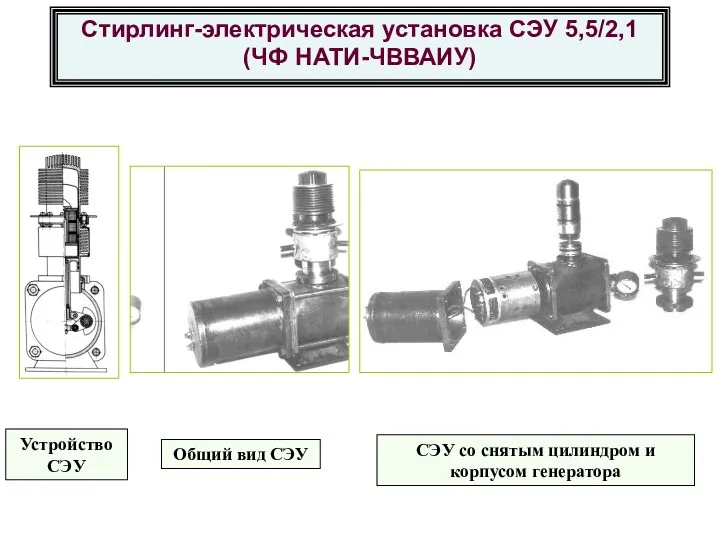 Стирлинг-электрическая установка СЭУ 5,5/2,1 (ЧФ НАТИ-ЧВВАИУ) СЭУ со снятым цилиндром и корпусом генератора