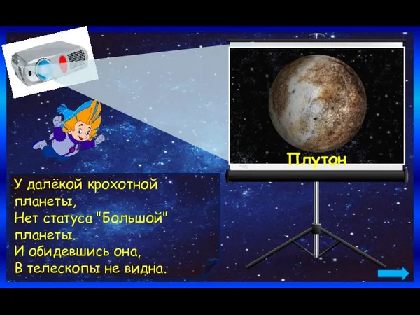 Плутон У далёкой крохотной планеты, Нет статуса "Большой" планеты. И обидевшись она, В телескопы не видна.