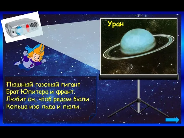 Уран Пышный газовый гигант Брат Юпитера и франт. Любит он, чтоб рядом были